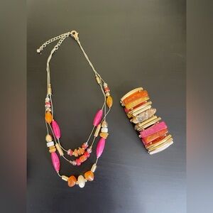 Chico's Vibrant Pink and Orange Necklace & Bracelet Set